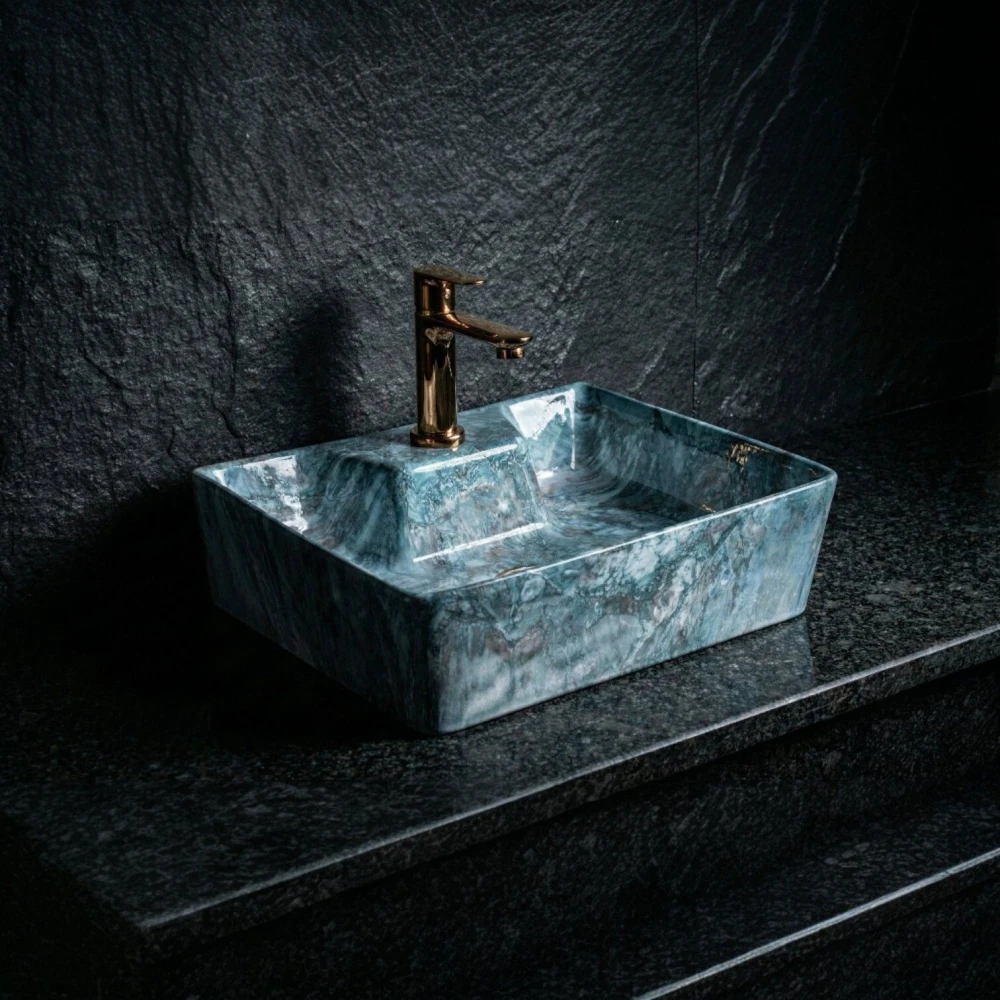 FOXX Ceramic Premium Wash basin for Home, Hotels (16x12x5)(M-16) (16x12x5) (M16) Wall Hung Basin (Blue Marble Design)