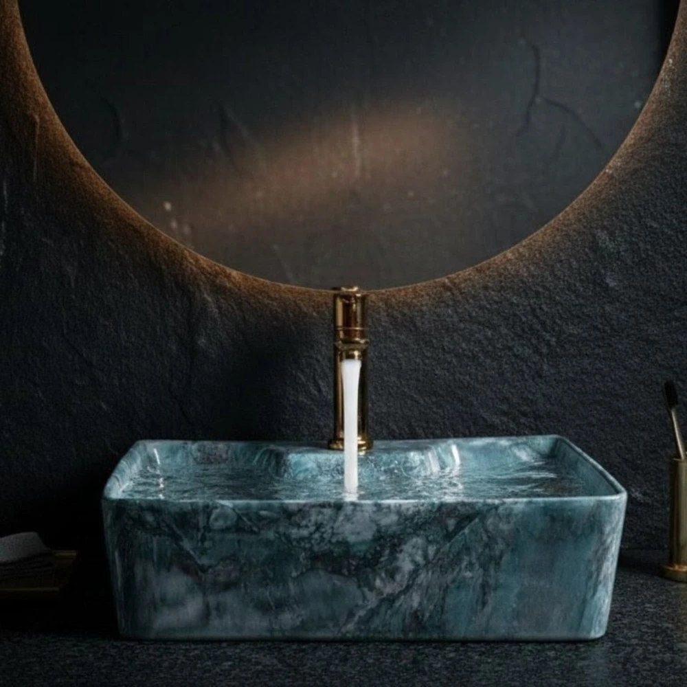FOXX Ceramic Premium Wash basin for Home, Hotels (16x12x5)(M-16) (16x12x5) (M16) Wall Hung Basin (Blue Marble Design)