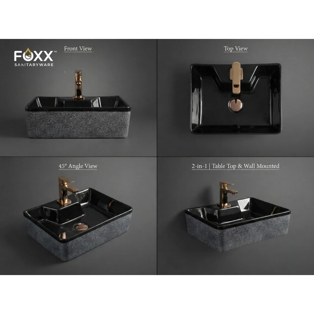 Foxx Sanitaryware 2 in 1 Wall Mount & Table top Ceramic Premium Designer Wash Basin(16x12x5)(M-22) (16x12x5) (M22) Wall Hung Basin (Black & Grey Structure Design)