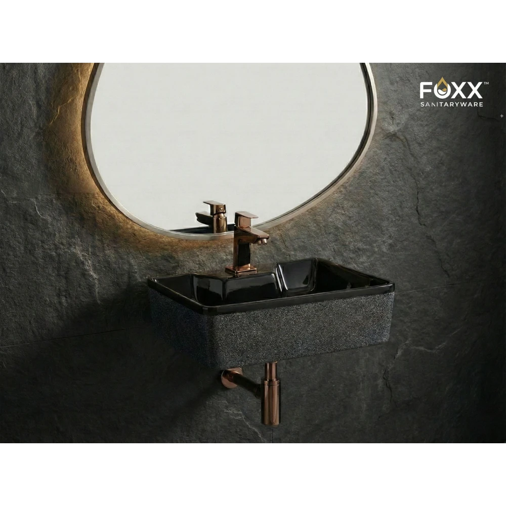 Foxx Sanitaryware 2 in 1 Wall Mount & Table top Ceramic Premium Designer Wash Basin(16x12x5)(M-22) (16x12x5) (M22) Wall Hung Basin (Black & Grey Structure Design)