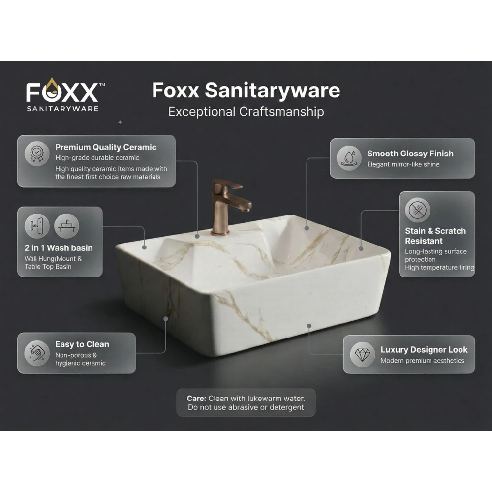 Foxx Sanitaryware 2 in 1 Wall Mount & Table Top Ceramic Premium Wash basin (M-34-OL) (16x12x5) (M34-OL) Wall Hung Basin (Light Ivory Marble Design)