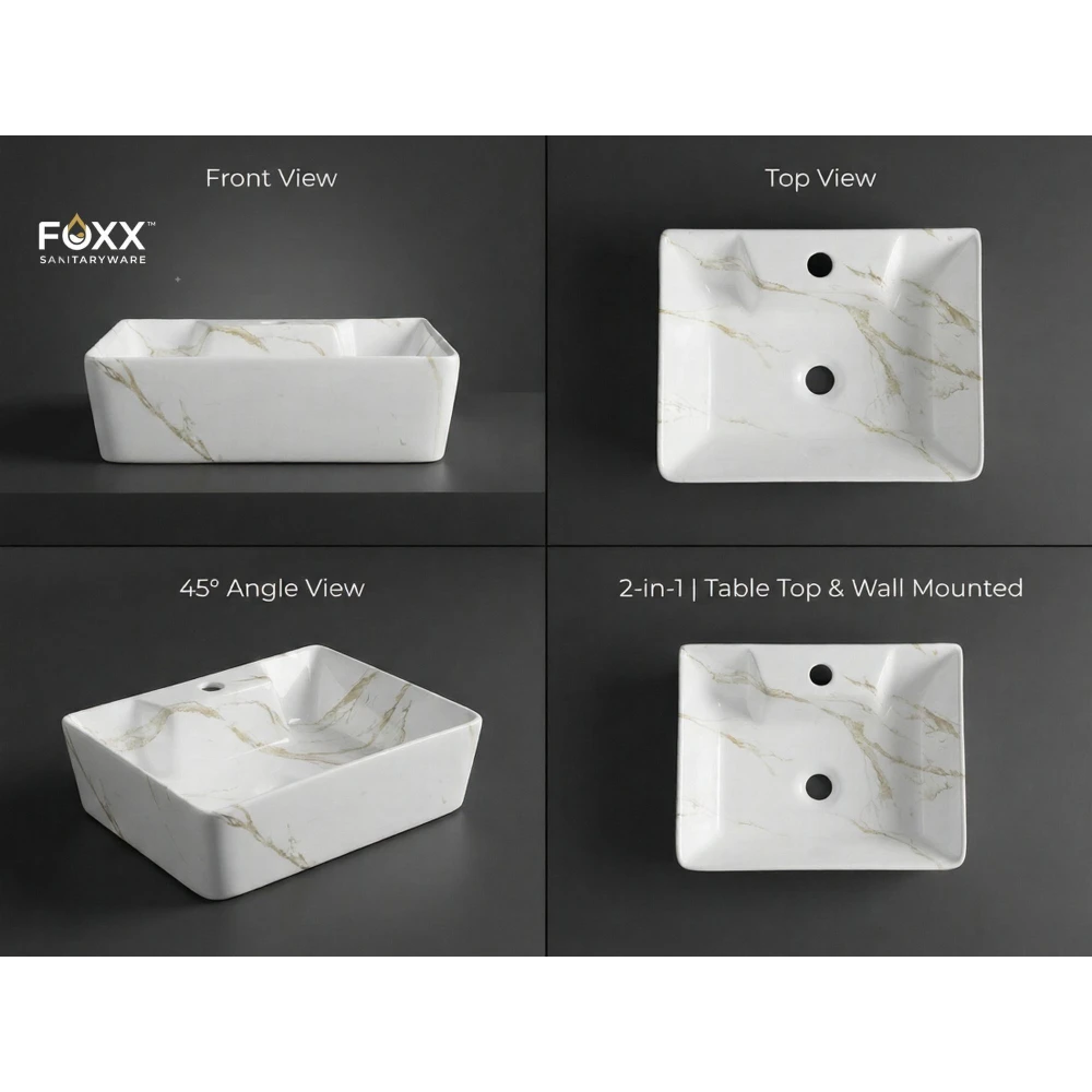 Foxx Sanitaryware 2 in 1 Wall Mount & Table Top Ceramic Premium Wash basin (M-34-OL) (16x12x5) (M34-OL) Wall Hung Basin (Light Ivory Marble Design)