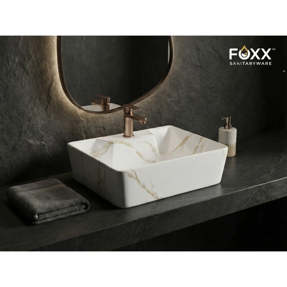 Foxx Sanitaryware 2 in 1 Wall Mount & Table Top Ceramic Premium Wash basin (M-34-OL) (16x12x5) (M34-OL) Wall Hung Basin (Light Ivory Marble Design)