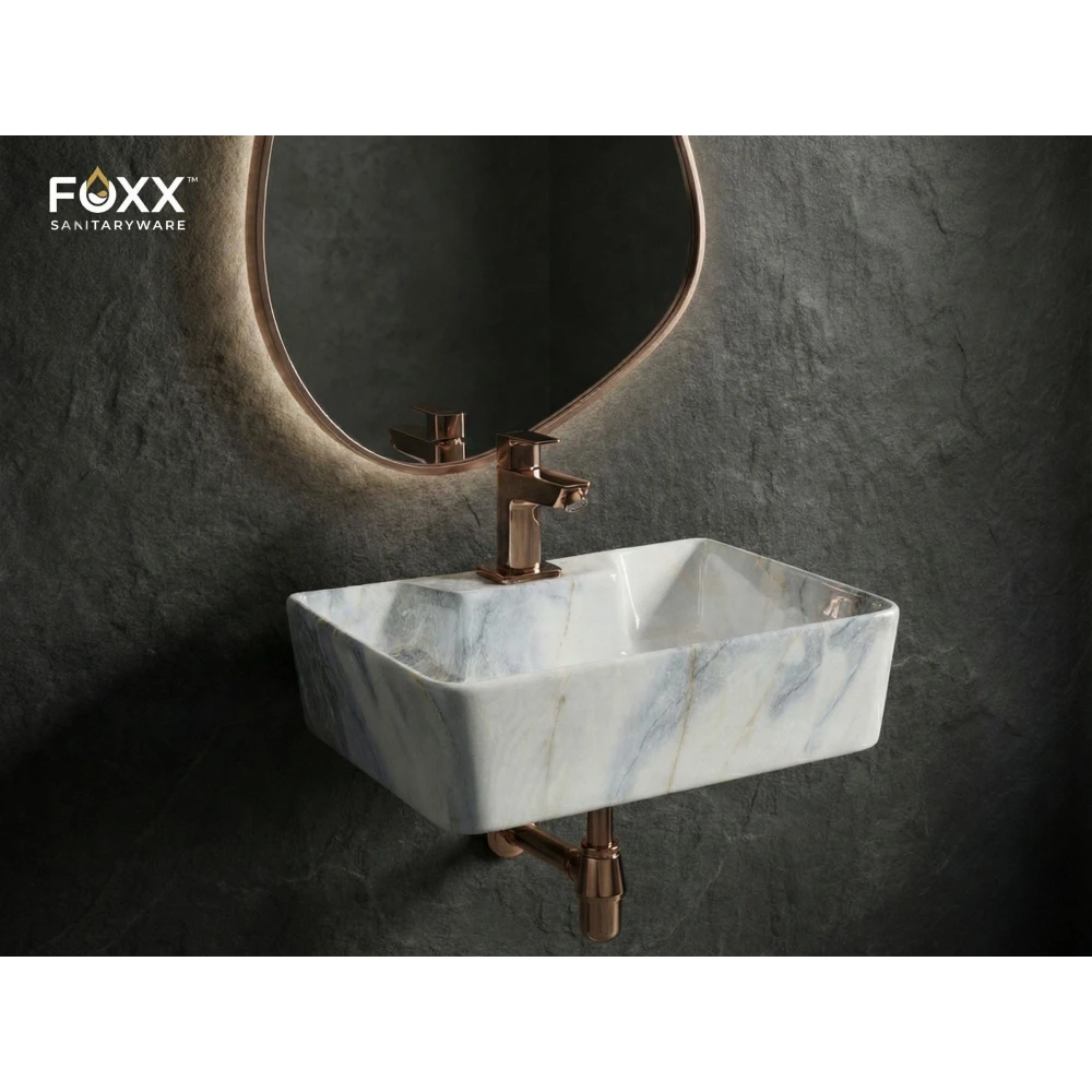 Foxx Sanitaryware 2 in 1 Wall Mount & Table top Ceramic Premium Designer Wash Basin(16x12x5)(M-49) (16x12x5) (M49) Wall Hung Basin (Blue Marble Design)
