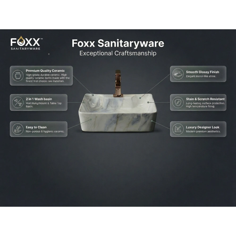 Foxx Sanitaryware 2 in 1 Wall Mount & Table top Ceramic Premium Designer Wash Basin(16x12x5)(M-49) (16x12x5) (M49) Wall Hung Basin (Blue Marble Design)