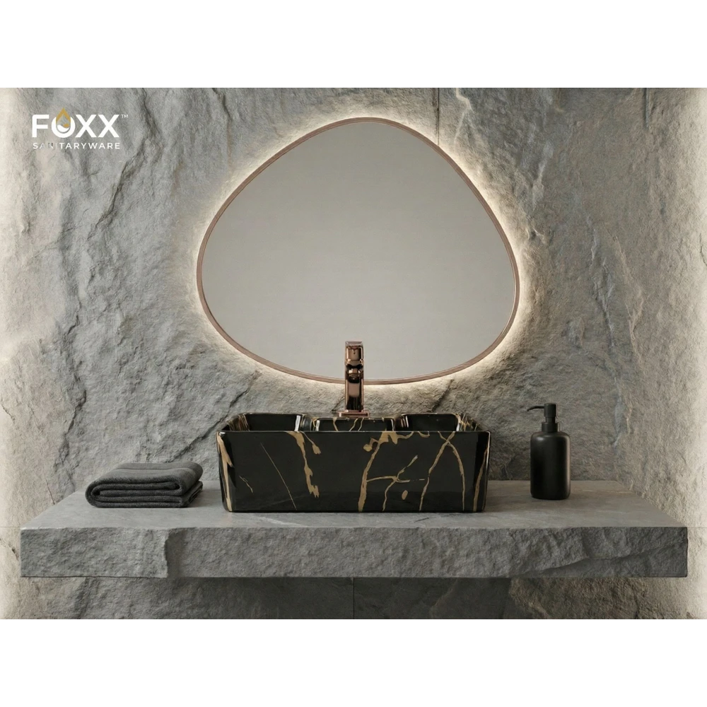 Foxx Sanitaryware 2 in 1 Wall Mount & Table top Ceramic Premium Designer Wash Basin(16x12x5)(M-07) (16x12x5) (M53) Wall Hung Basin (Black & Gold Design)