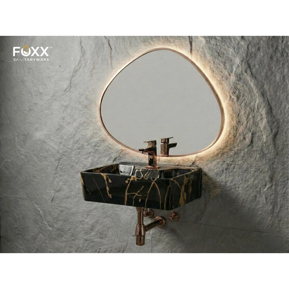 Foxx Sanitaryware 2 in 1 Wall Mount & Table top Ceramic Premium Designer Wash Basin(16x12x5)(M-07) (16x12x5) (M53) Wall Hung Basin (Black & Gold Design)
