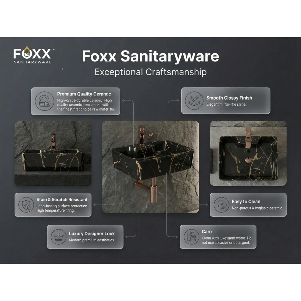 Foxx Sanitaryware 2 in 1 Wall Mount & Table top Ceramic Premium Designer Wash Basin(16x12x5)(M-07) (16x12x5) (M53) Wall Hung Basin (Black & Gold Design)