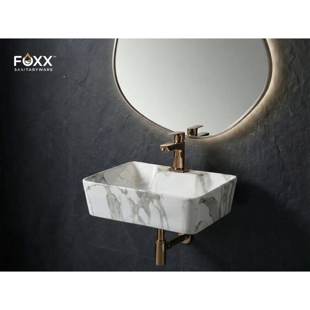 Foxx Sanitaryware 2 in 1 Wall Mount & Table top Ceramic Premium Designer Wash Basin(16x12x5)(M-60) (16x12x5) (M60) Wall Hung Basin (White & Grey Marble Figure)