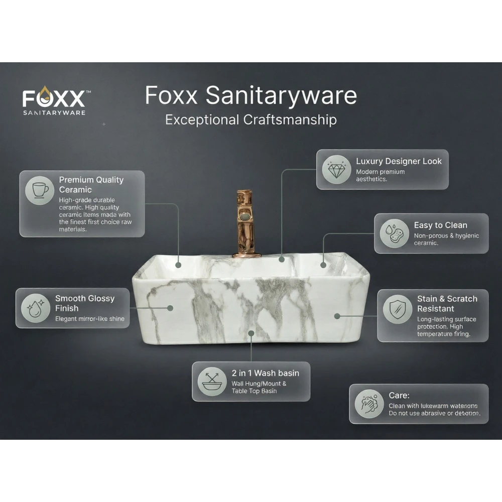 Foxx Sanitaryware 2 in 1 Wall Mount & Table top Ceramic Premium Designer Wash Basin(16x12x5)(M-60) (16x12x5) (M60) Wall Hung Basin (White & Grey Marble Figure)