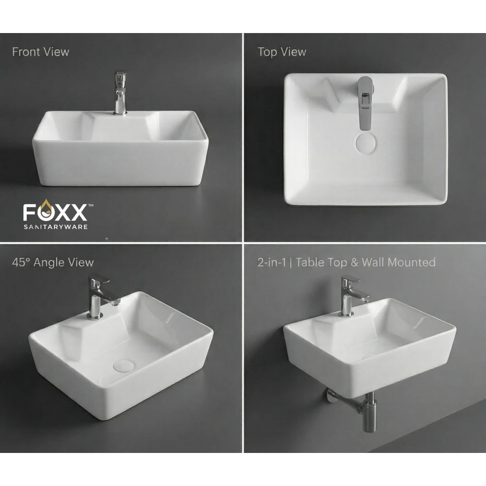 Foxx Sanitaryware 2 in 1 Wall Mount & Table Top Ceramic Premium Wash basin (M-White) (16x12x5) (White) Wall Hung Basin (White)