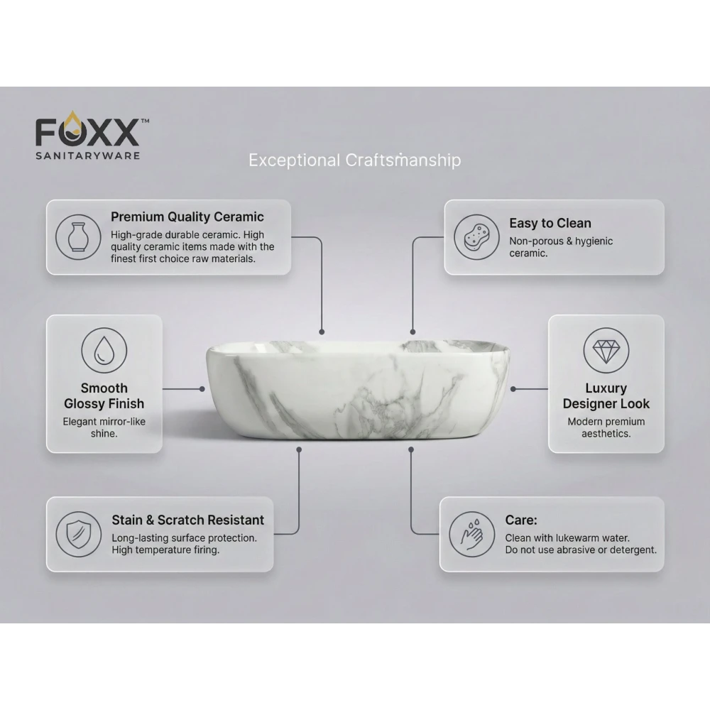 Foxx Sanitaryware Ceramic Premium Designer Wash basin for Home, Hotels (18x13x5)(M-60) (18x13x5) (M-01) Table Top Basin (White & Dark Grey Marble Design)