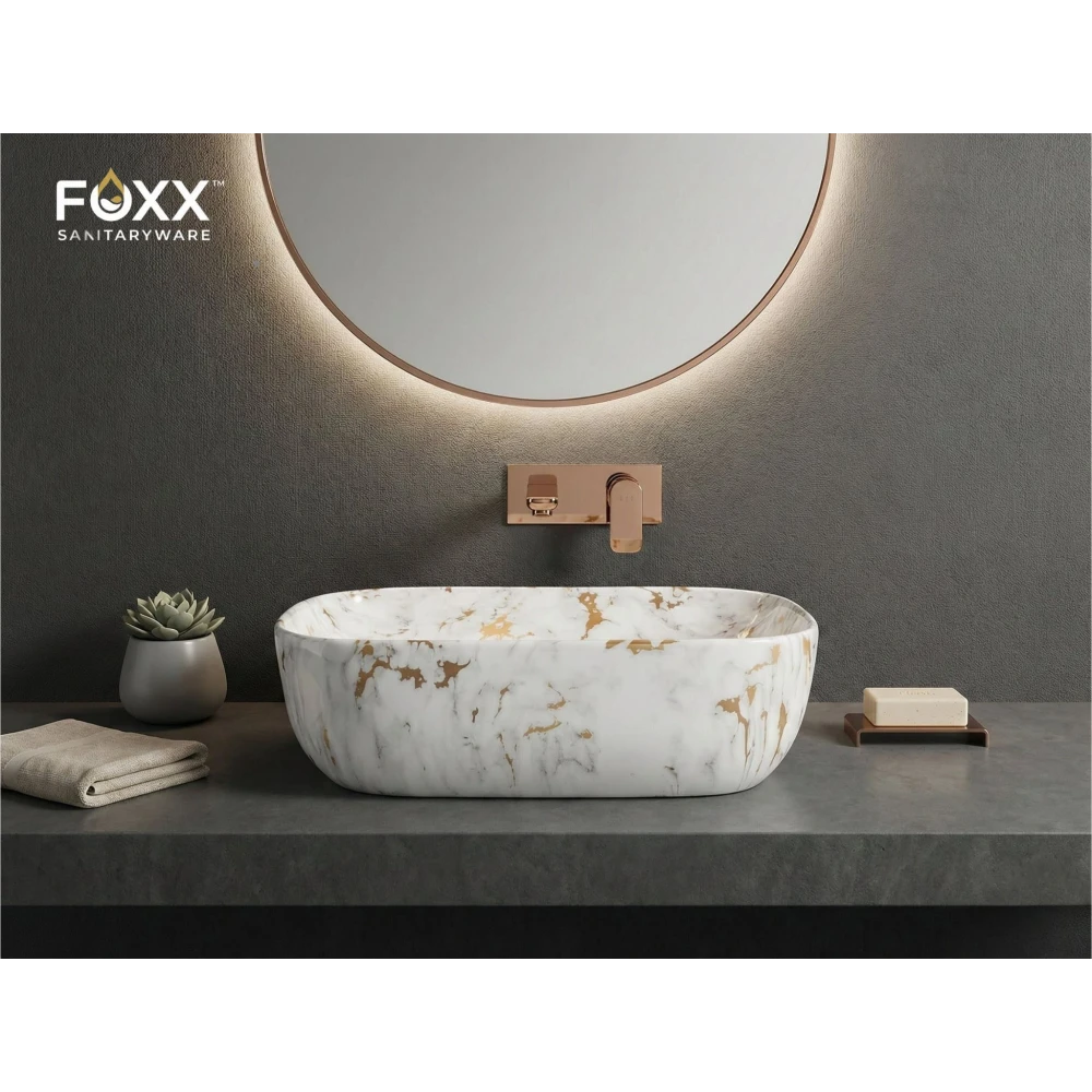 Foxx Sanitaryware Ceramic Premium Designer Wash basin for Home, Hotels (18x13x5)(M-01) (18x13x5) (M-01) Table Top Basin (White & Gold Marble Design)