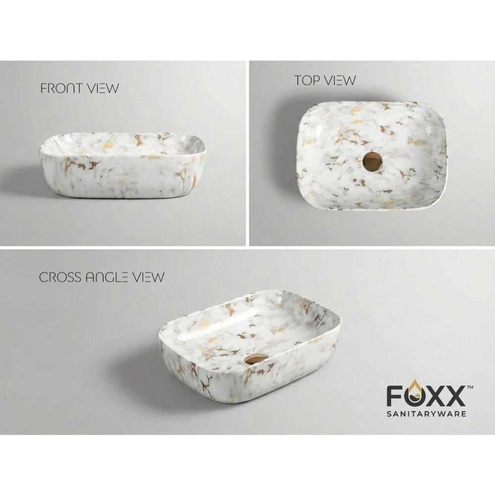 Foxx Sanitaryware Ceramic Premium Designer Wash basin for Home, Hotels (18x13x5)(M-01) (18x13x5) (M-01) Table Top Basin (White & Gold Marble Design)