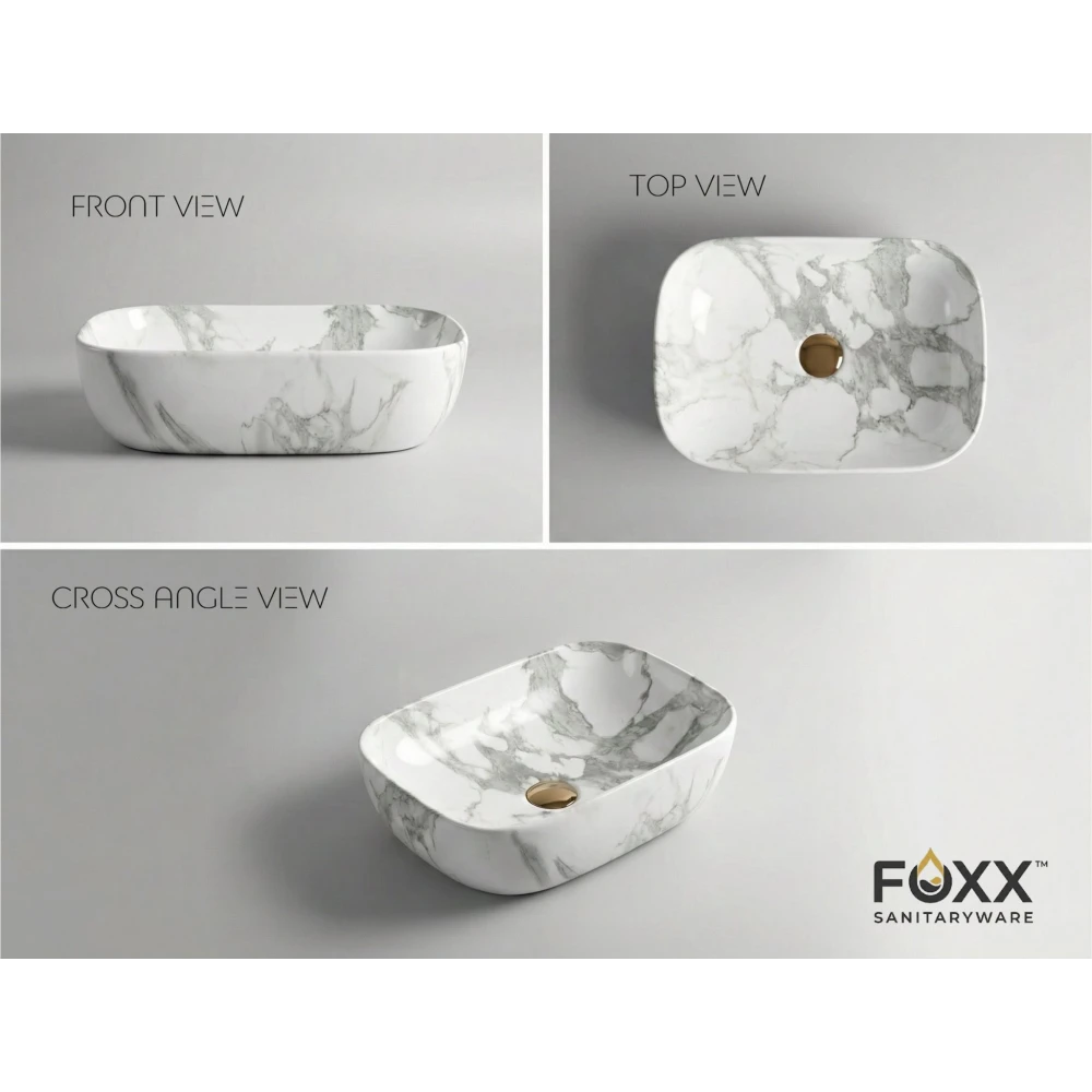 Foxx Sanitaryware Ceramic Premium Designer Wash basin for Home, Hotels (18x13x5)(M-60) (18x13x5) (M-01) Table Top Basin (White & Dark Grey Marble Design)