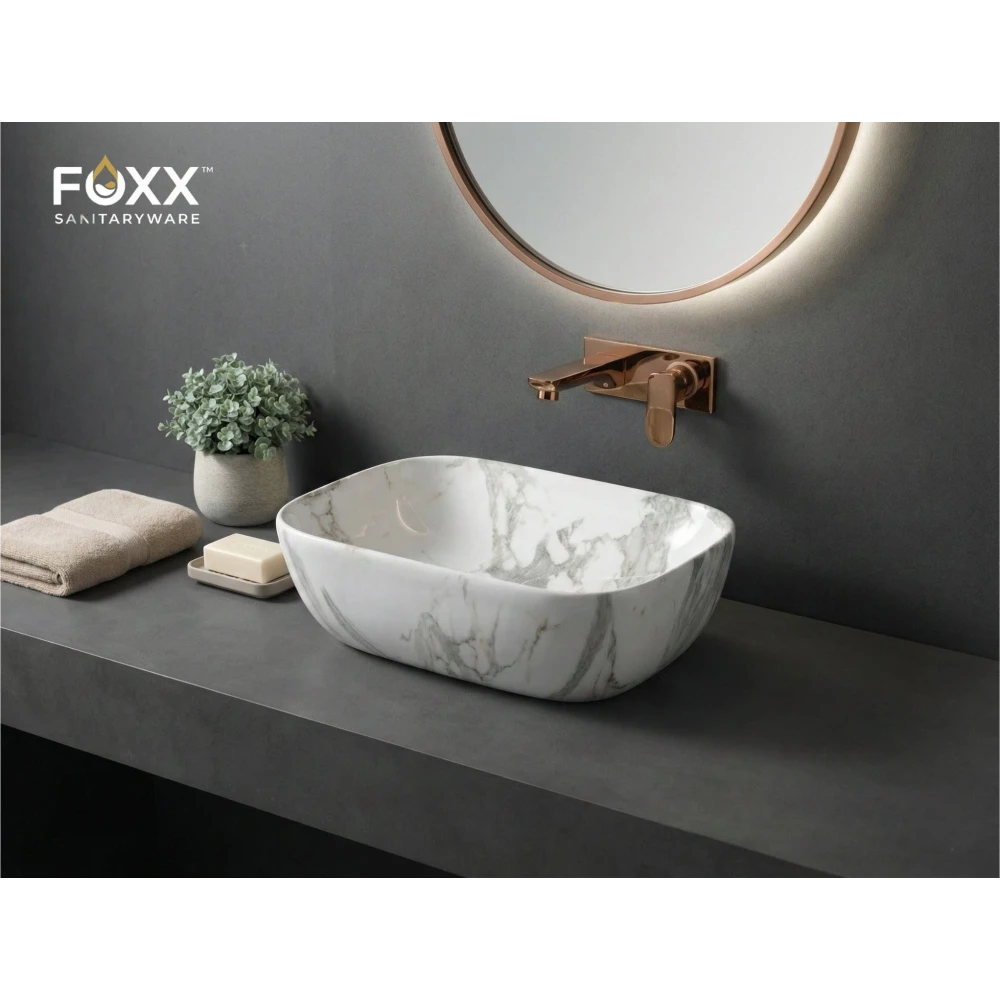 Foxx Sanitaryware Ceramic Premium Designer Wash basin for Home, Hotels (18x13x5)(M-60) (18x13x5) (M-01) Table Top Basin (White & Dark Grey Marble Design)