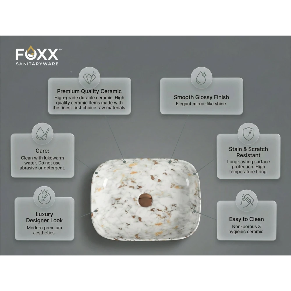 Foxx Sanitaryware Ceramic Premium Designer Wash basin for Home, Hotels (18x13x5)(M-01) (18x13x5) (M-01) Table Top Basin (White & Gold Marble Design)