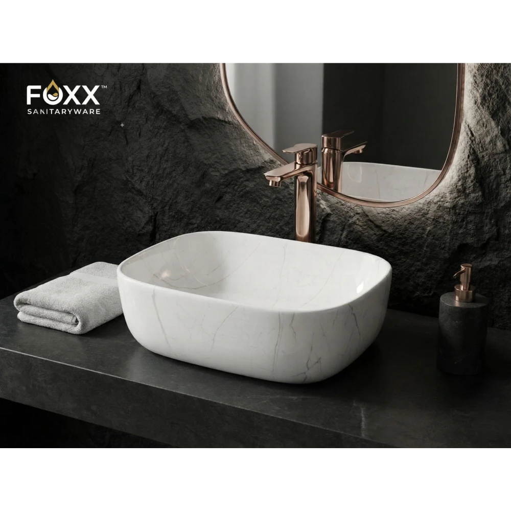Foxx Sanitaryware Ceramic Premium Designer Wash basin for Home, Hotels (18x13x5)(M-02) (18x13x5) (M-02) Table Top Basin (Light Grey & White Marble Design)