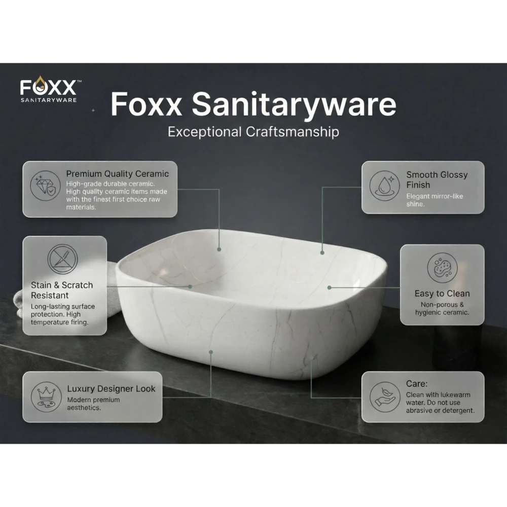 Foxx Sanitaryware Ceramic Premium Designer Wash basin for Home, Hotels (18x13x5)(M-02) (18x13x5) (M-02) Table Top Basin (Light Grey & White Marble Design)