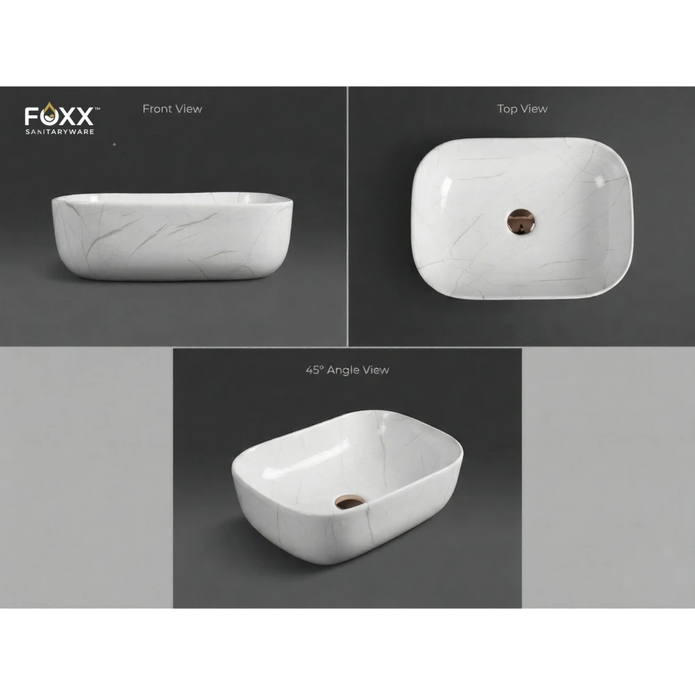 Foxx Sanitaryware Ceramic Premium Designer Wash basin for Home, Hotels (18x13x5)(M-02) (18x13x5) (M-02) Table Top Basin (Light Grey & White Marble Design)