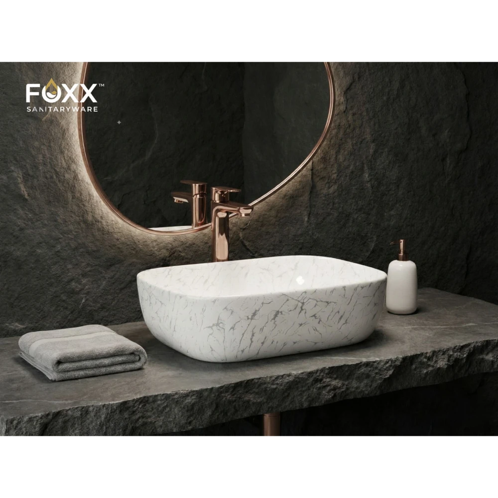 Foxx Sanitaryware Ceramic Premium Designer Wash basin for Home, Hotels (18x13x5)(M-03) (18x13x5) (M-03) Table Top Basin (White & Silver Design)