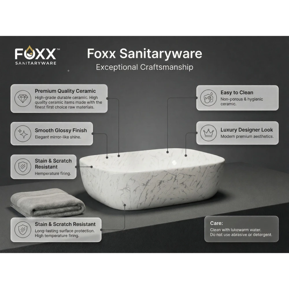 Foxx Sanitaryware Ceramic Premium Designer Wash basin for Home, Hotels (18x13x5)(M-03) (18x13x5) (M-03) Table Top Basin (White & Silver Design)