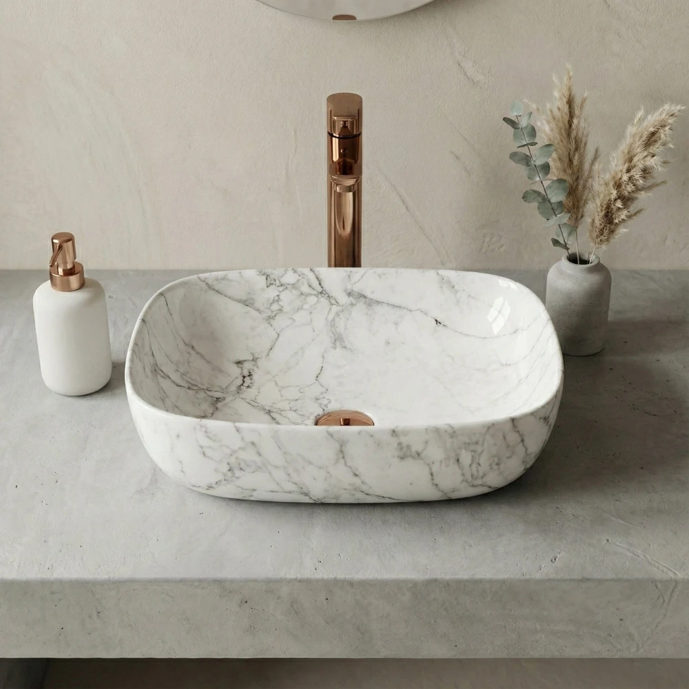FOXX Ceramic Premium Wash basin for Home, Hotels (18x13x5) (M-05) (18x13x5) (M-05) Italian Snow Design Top Mount (Italian Snow Design)