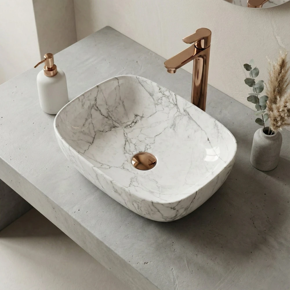 FOXX Ceramic Premium Wash basin for Home, Hotels (18x13x5) (M-05) (18x13x5) (M-05) Italian Snow Design Top Mount (Italian Snow Design)