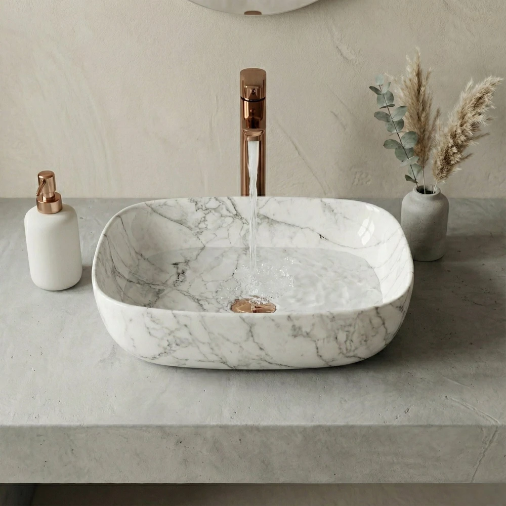 FOXX Ceramic Premium Wash basin for Home, Hotels (18x13x5) (M-05) (18x13x5) (M-05) Italian Snow Design Top Mount (Italian Snow Design)