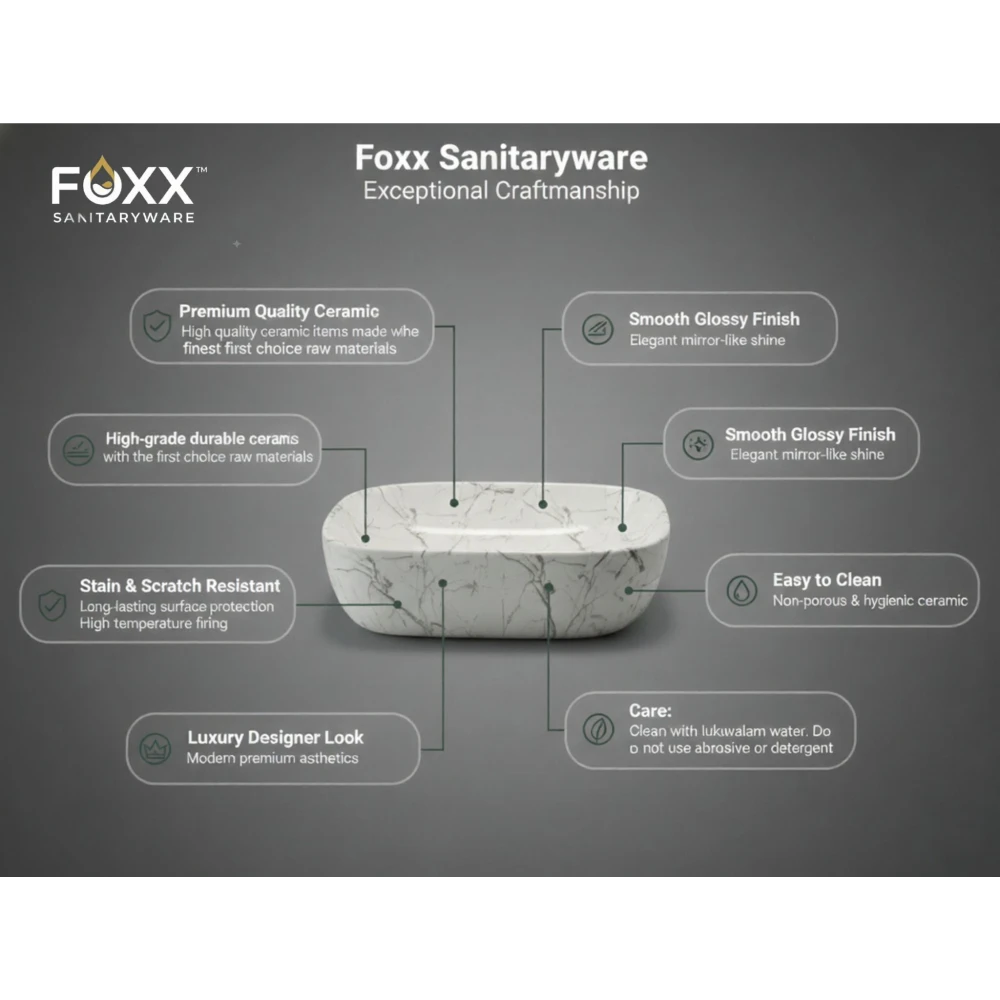 Foxx Sanitaryware Ceramic Premium Designer Wash basin for Home, Hotels (18x13x5)(M-06) (18x13x5) (M-06) Table Top Basin (White & Grey Marble Design)