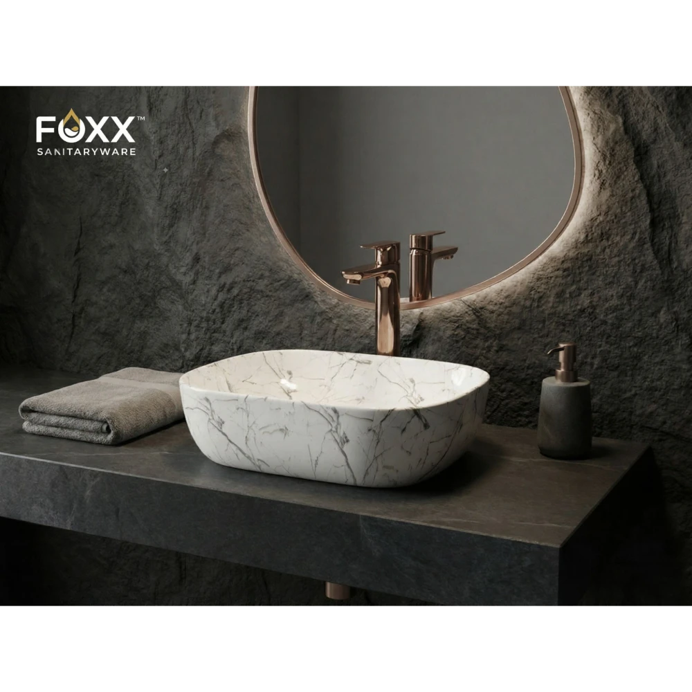 Foxx Sanitaryware Ceramic Premium Designer Wash basin for Home, Hotels (18x13x5)(M-06) (18x13x5) (M-06) Table Top Basin (White & Grey Marble Design)