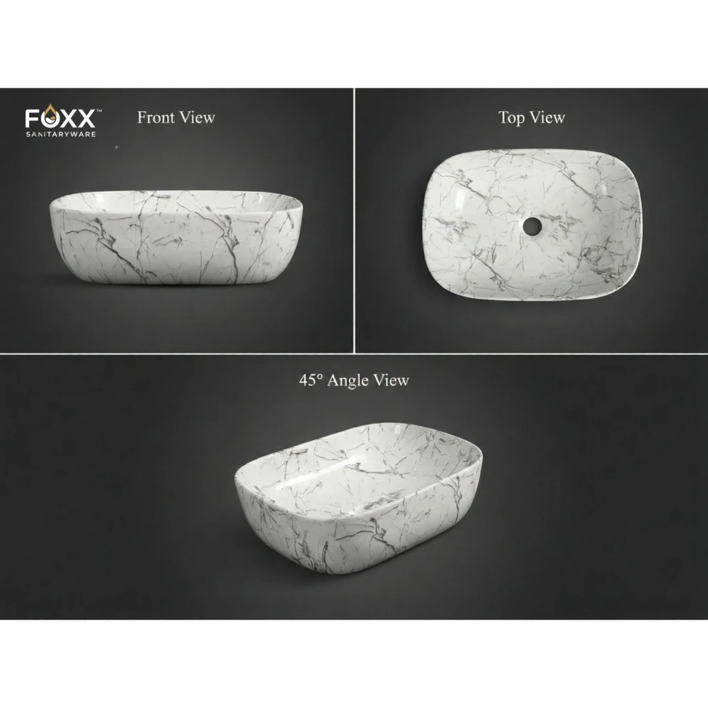 Foxx Sanitaryware Ceramic Premium Designer Wash basin for Home, Hotels (18x13x5)(M-06) (18x13x5) (M-06) Table Top Basin (White & Grey Marble Design)