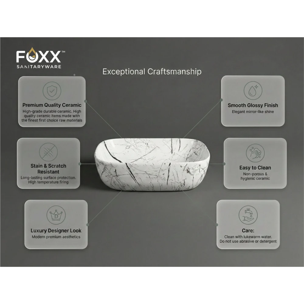 Foxx Sanitaryware Ceramic Premium Designer Wash basin for Home, Hotels (18x13x5)(M-06) New (18x13x5) (M-06) New Table Top Basin (White & Black Marble Design)