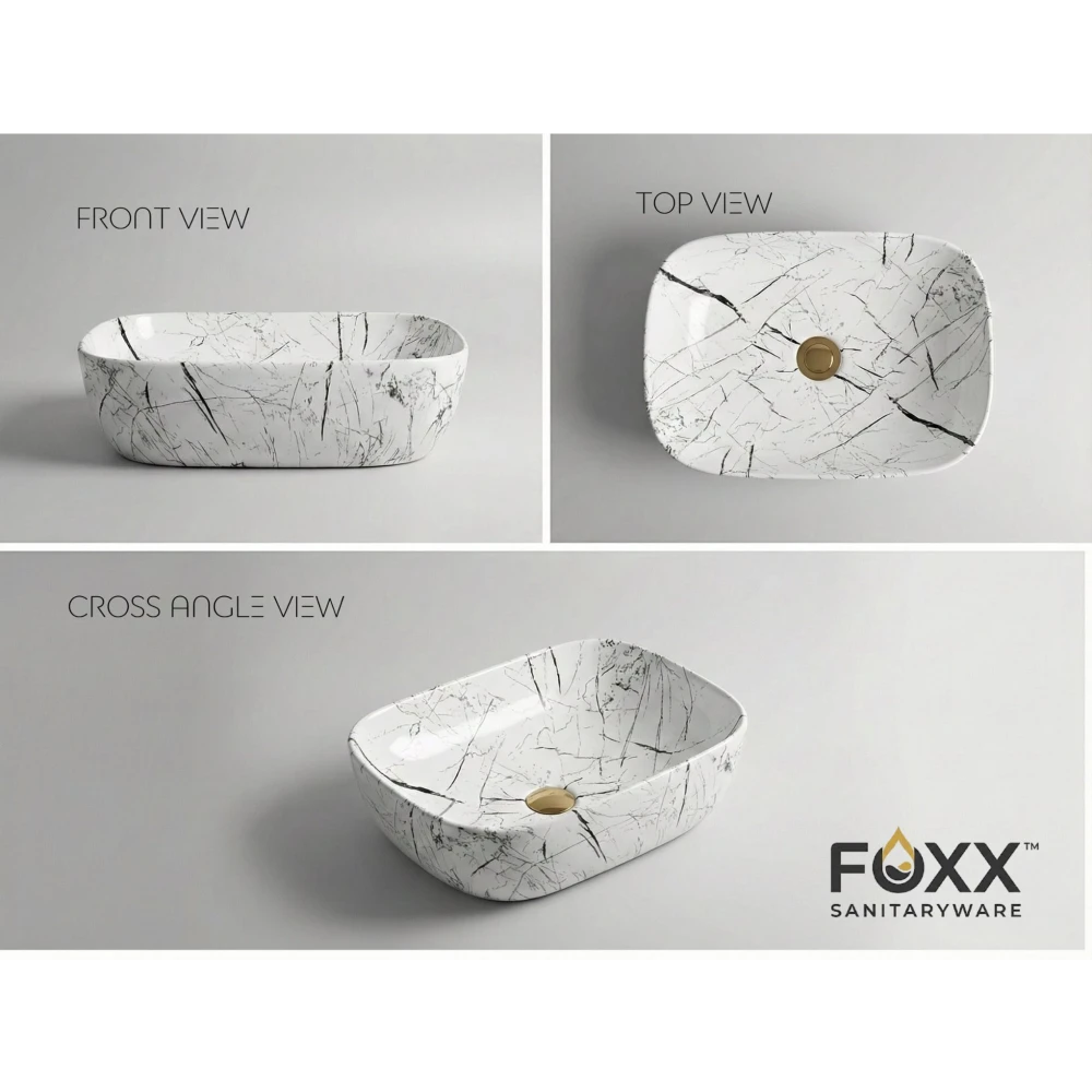 Foxx Sanitaryware Ceramic Premium Designer Wash basin for Home, Hotels (18x13x5)(M-06) New (18x13x5) (M-06) New Table Top Basin (White & Black Marble Design)