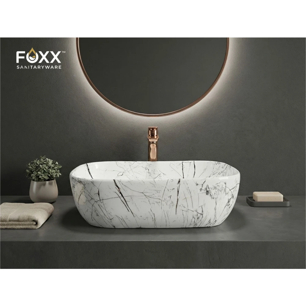 Foxx Sanitaryware Ceramic Premium Designer Wash basin for Home, Hotels (18x13x5)(M-06) New (18x13x5) (M-06) New Table Top Basin (White & Black Marble Design)