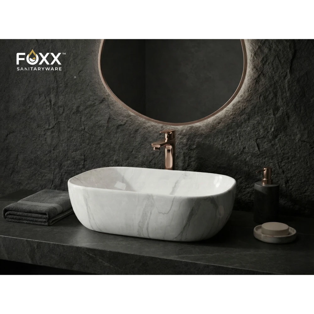 Foxx Sanitaryware Ceramic Premium Designer Wash basin for Home, Hotels (18x13x5)(M-08) (18x13x5) (M-08) Table Top Basin (Grey Marble Design)
