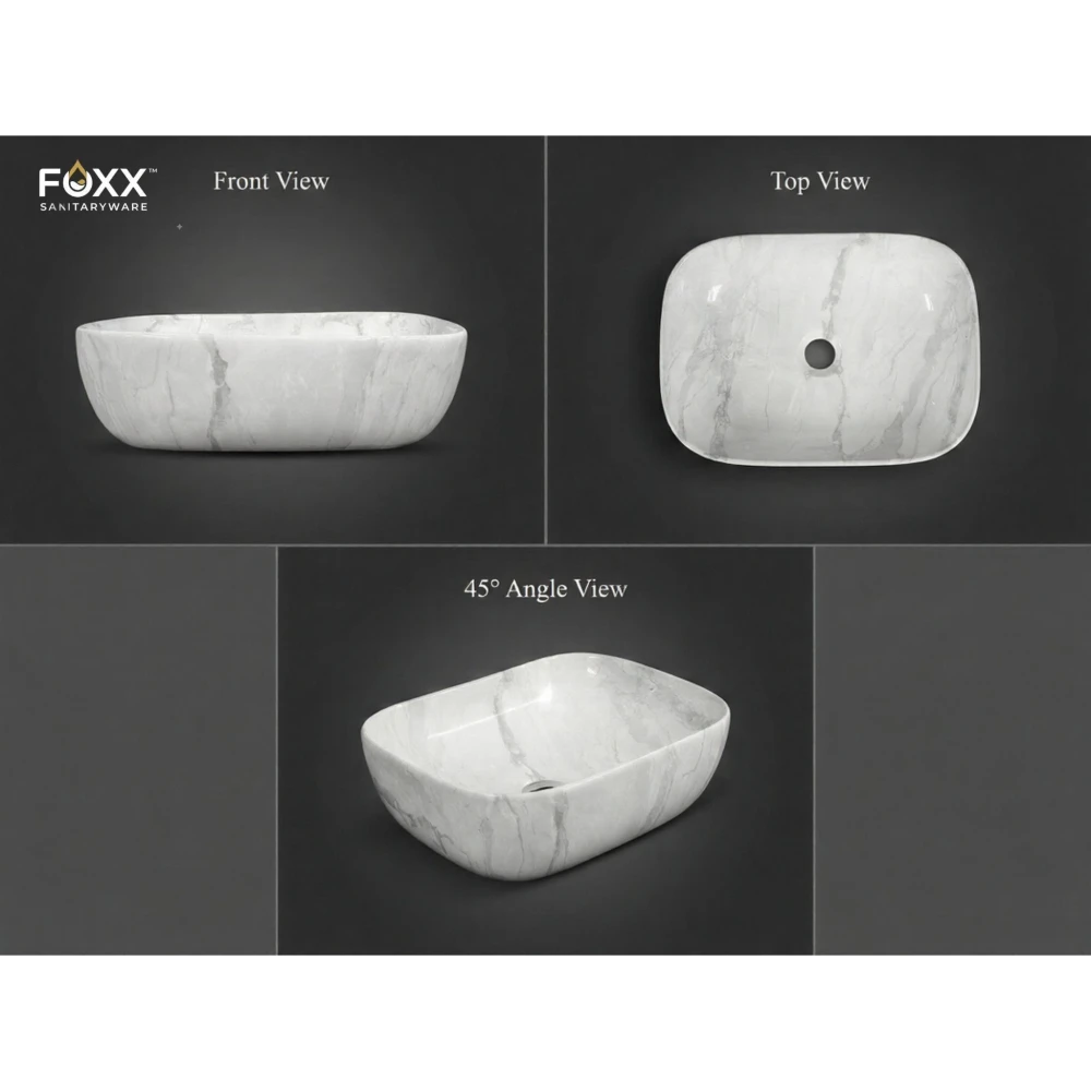 Foxx Sanitaryware Ceramic Premium Designer Wash basin for Home, Hotels (18x13x5)(M-08) (18x13x5) (M-08) Table Top Basin (Grey Marble Design)