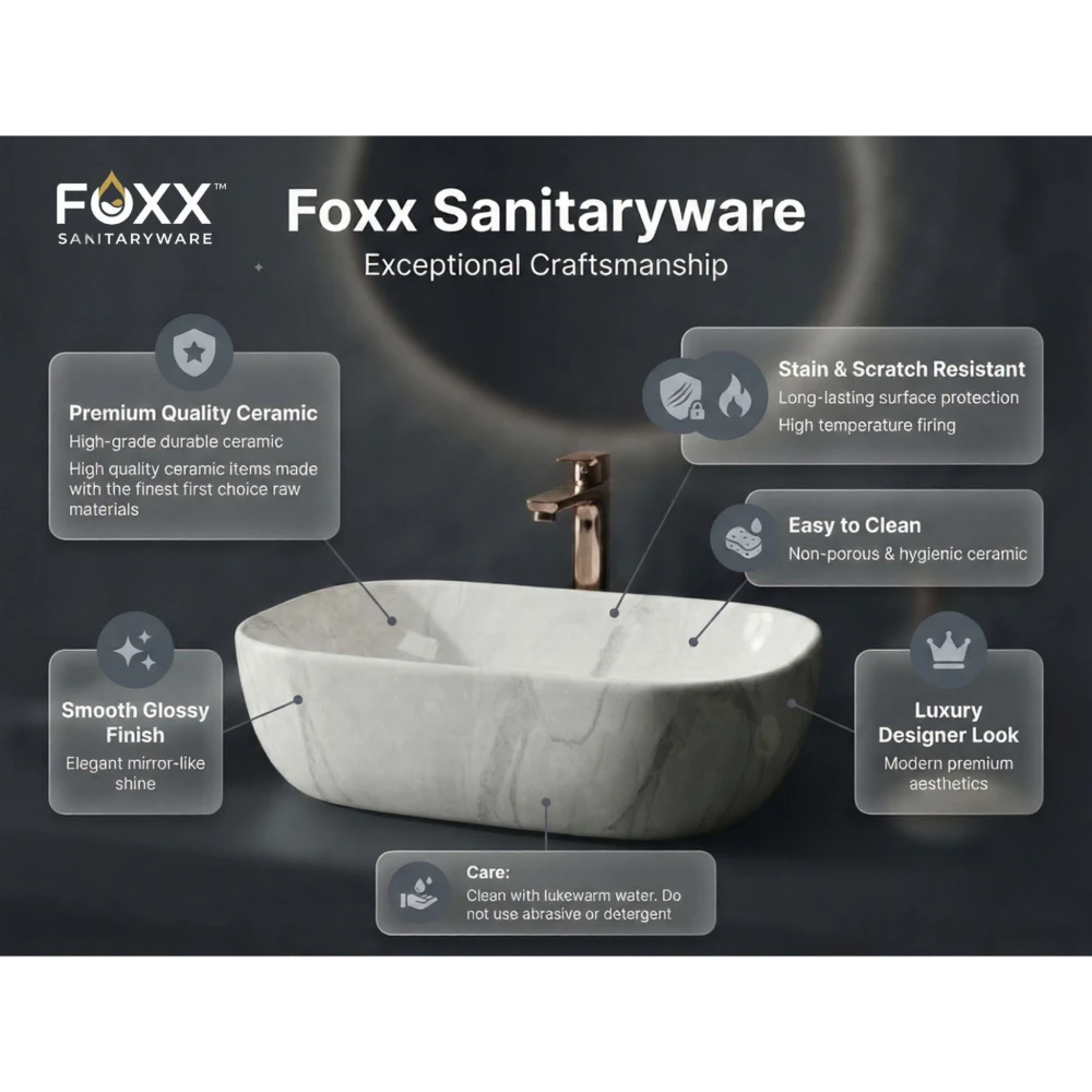Foxx Sanitaryware Ceramic Premium Designer Wash basin for Home, Hotels (18x13x5)(M-08) (18x13x5) (M-08) Table Top Basin (Grey Marble Design)
