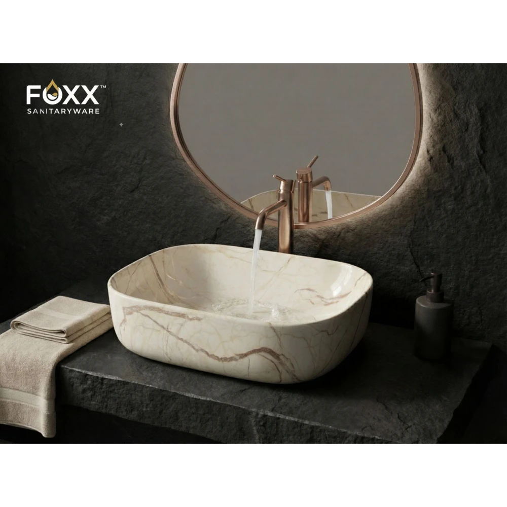 Foxx Sanitaryware Ceramic Premium Designer Wash basin for Home, Hotels (18x13x5)(M-09) (18x13x5) (M-09) Table Top Basin (New Ivory Marble Design)
