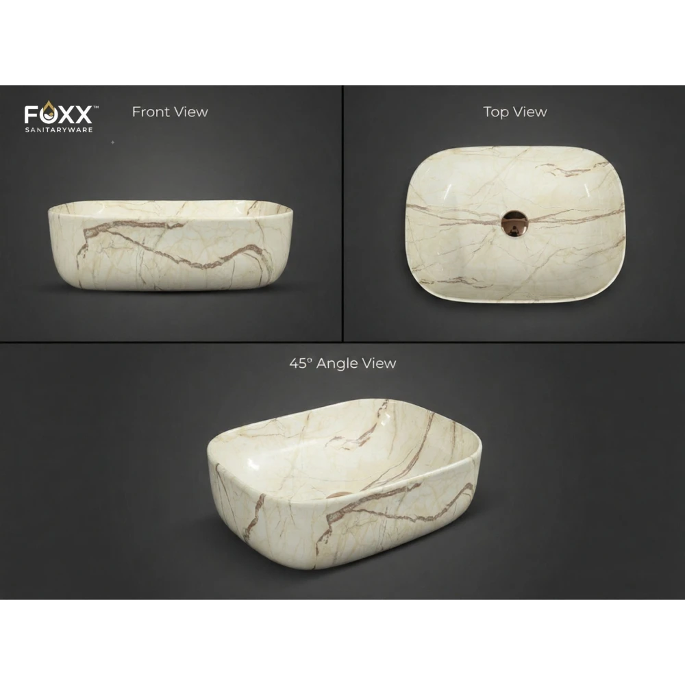 Foxx Sanitaryware Ceramic Premium Designer Wash basin for Home, Hotels (18x13x5)(M-09) (18x13x5) (M-09) Table Top Basin (New Ivory Marble Design)