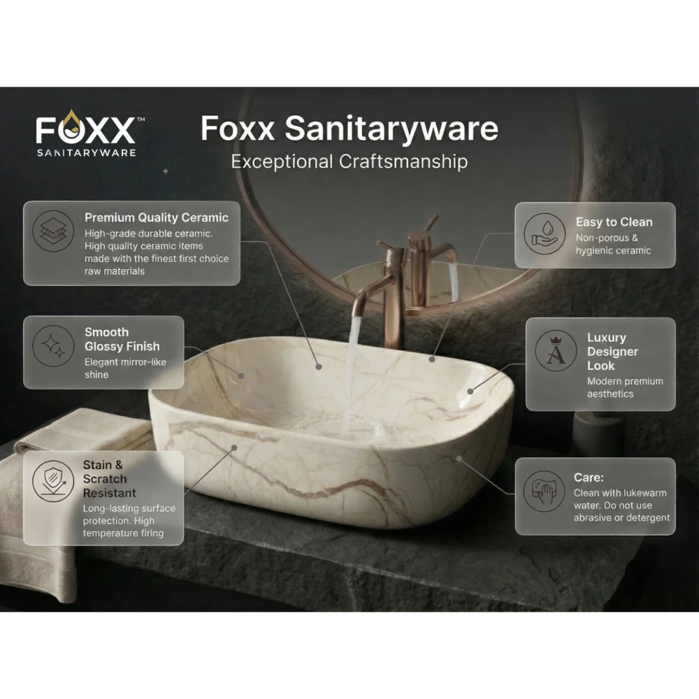 Foxx Sanitaryware Ceramic Premium Designer Wash basin for Home, Hotels (18x13x5)(M-09) (18x13x5) (M-09) Table Top Basin (New Ivory Marble Design)