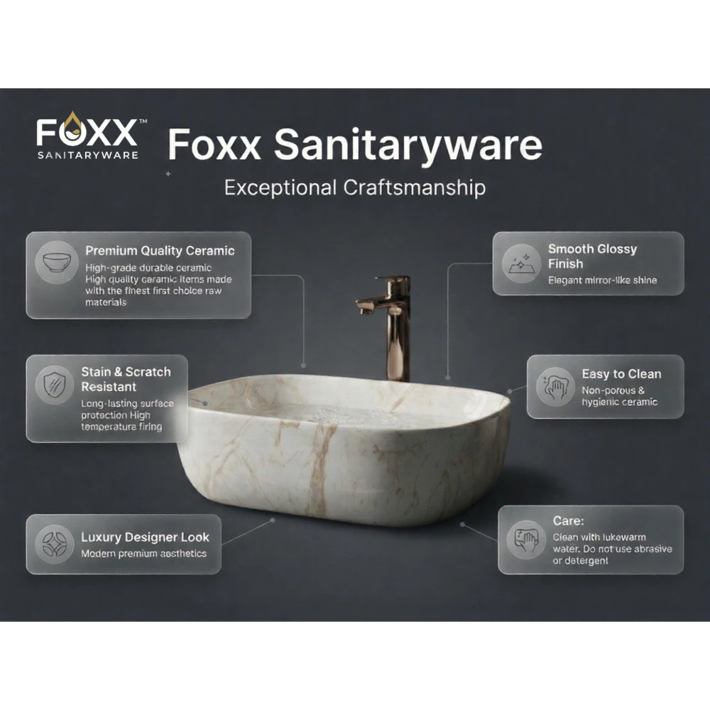 Foxx Sanitaryware Ceramic Premium Designer Wash basin for Home, Hotels (18x13x5)(M-10) (18x13x5) (M-10) Table Top Basin (Brown Marble Design)