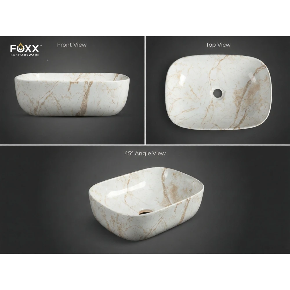 Foxx Sanitaryware Ceramic Premium Designer Wash basin for Home, Hotels (18x13x5)(M-10) (18x13x5) (M-10) Table Top Basin (Brown Marble Design)