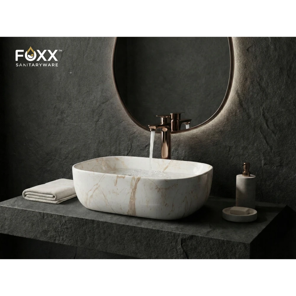 Foxx Sanitaryware Ceramic Premium Designer Wash basin for Home, Hotels (18x13x5)(M-10) (18x13x5) (M-10) Table Top Basin (Brown Marble Design)