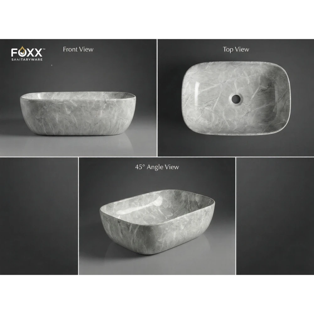 Foxx Sanitaryware Ceramic Premium Designer Wash basin for Home, Hotels (18x13x5)(M-13 New) (18x13x5) (M-13-New) Table Top Basin (Italian Grey Marble Design)