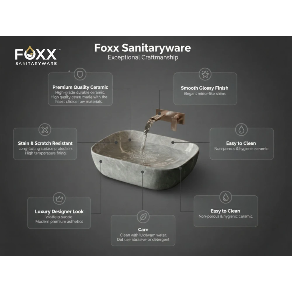 Foxx Sanitaryware Ceramic Premium Designer Wash basin for Home, Hotels (18x13x5)(M-13 New) (18x13x5) (M-13-New) Table Top Basin (Italian Grey Marble Design)