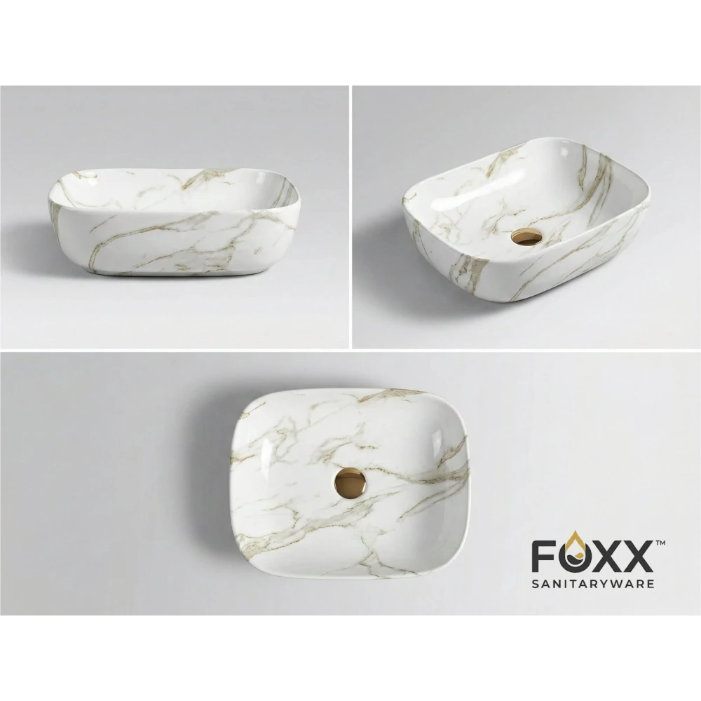 Foxx Sanitaryware Ceramic Premium Designer Wash basin for Home, Hotels (18x13x5)(M-34) (18x13x5) (M-34) Table Top Basin (White & Light Grey Marble Design)