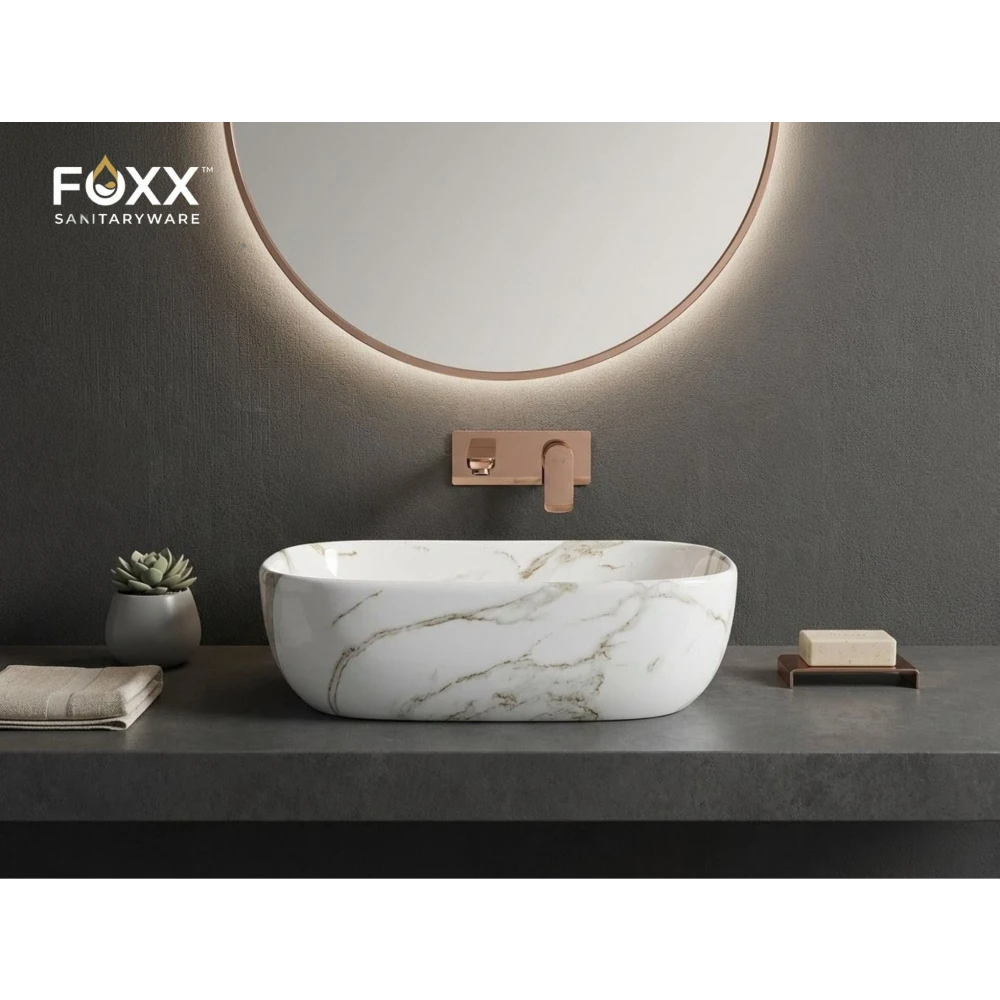 Foxx Sanitaryware Ceramic Premium Designer Wash basin for Home, Hotels (18x13x5)(M-34) (18x13x5) (M-34) Table Top Basin (White & Light Grey Marble Design)