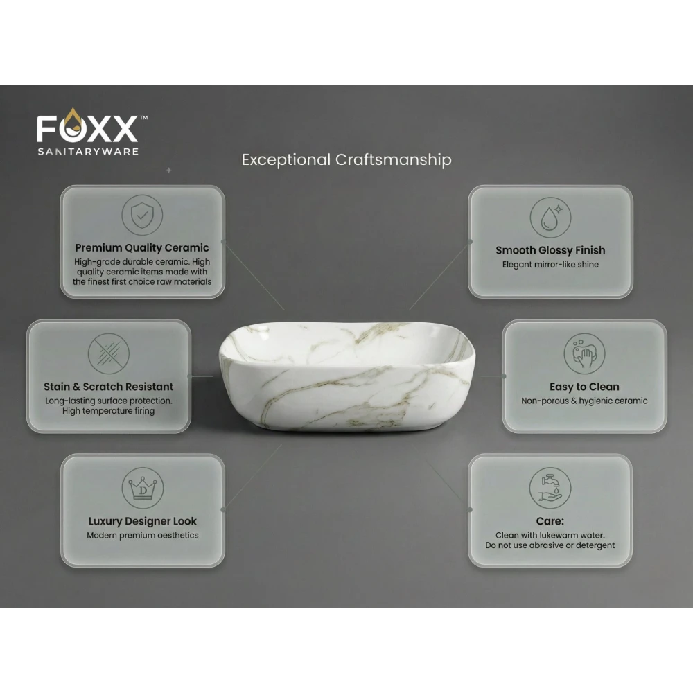 Foxx Sanitaryware Ceramic Premium Designer Wash basin for Home, Hotels (18x13x5)(M-34) (18x13x5) (M-34) Table Top Basin (White & Light Grey Marble Design)