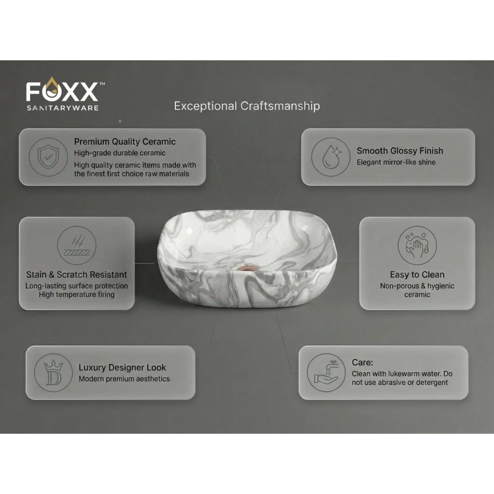 Foxx Sanitaryware Ceramic Premium Designer Wash basin for Home, Hotels (18x13x5)(M-80) BW (18x13x5) (M-80) BW Table Top Basin (Grey & White Design)